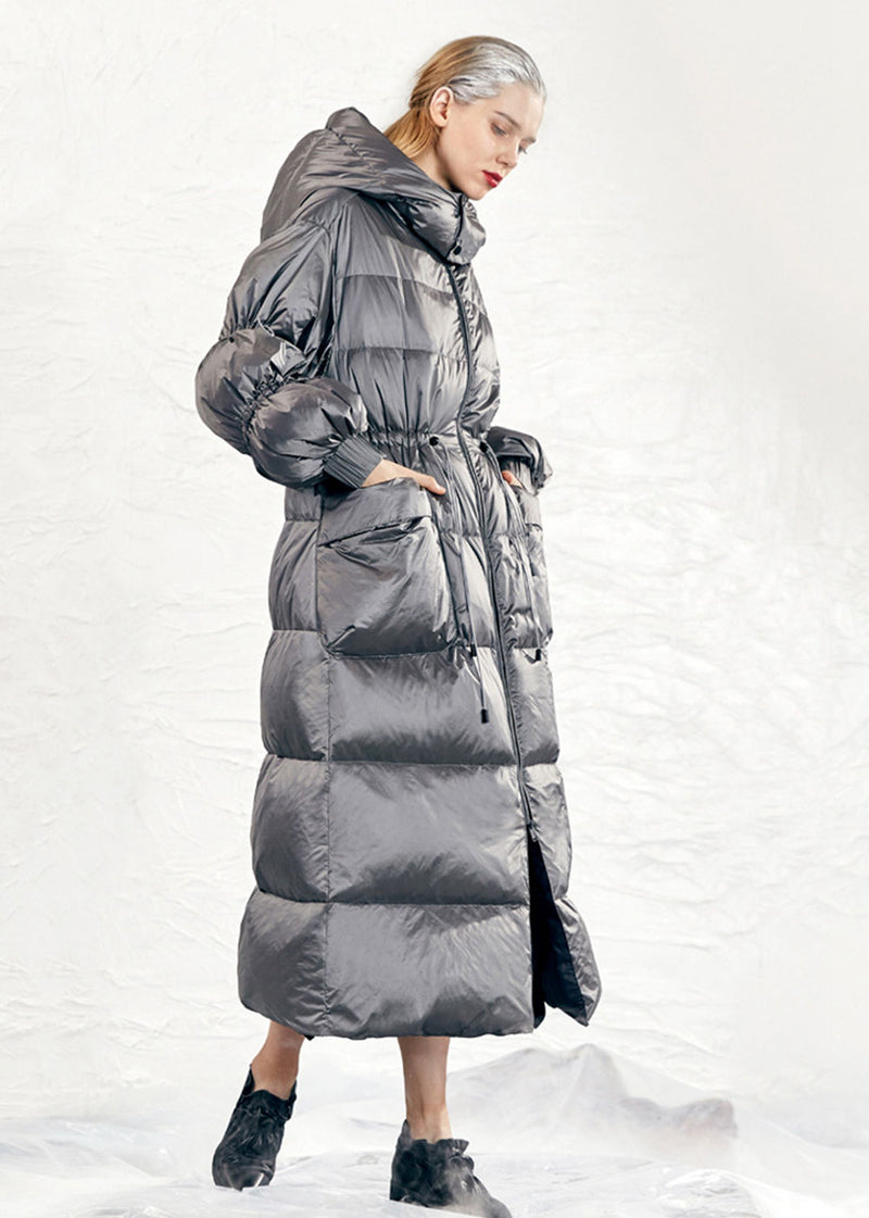 Vivian Seven Women Hooded Drawstring Rommy Pocket Long Down Puffer Coat Gray