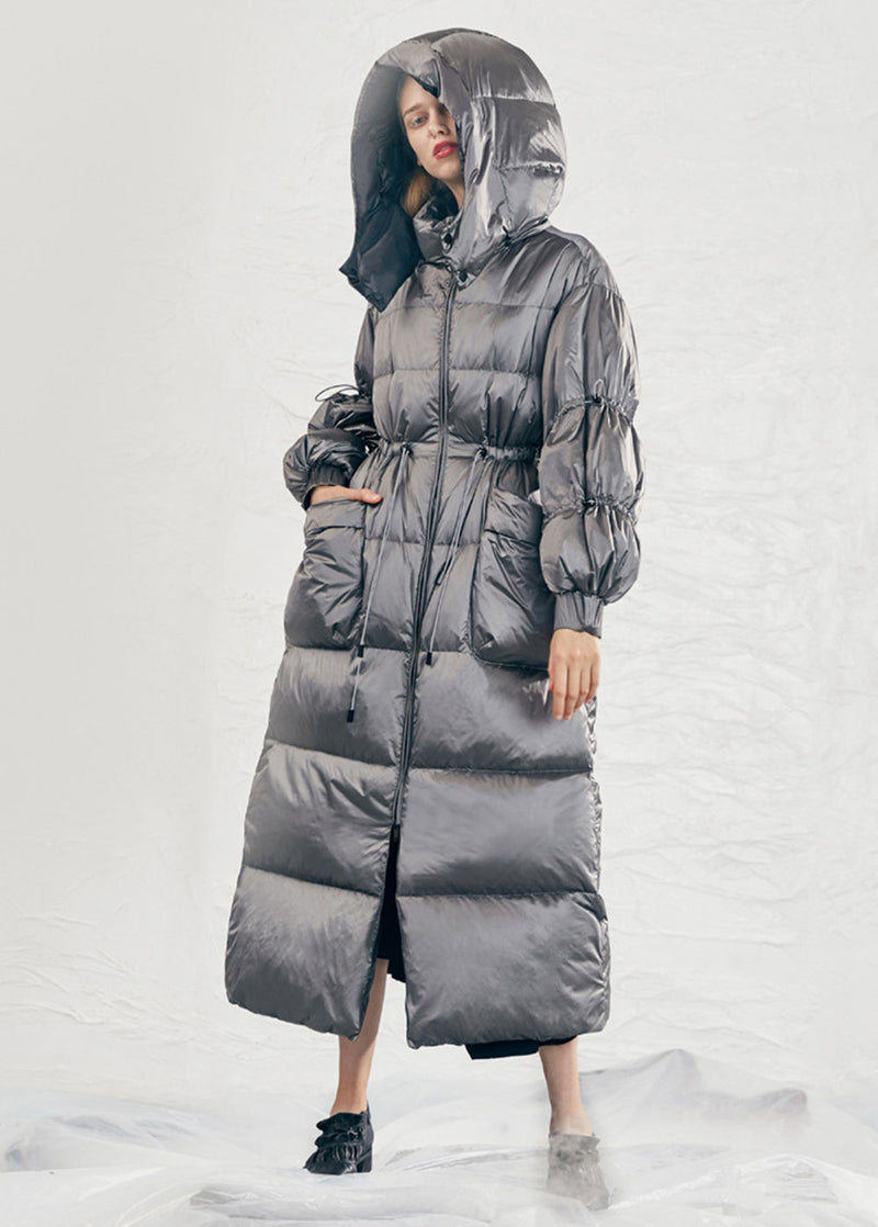 Vivian Seven Women Hooded Drawstring Rommy Pocket Long Down Puffer Coat Gray