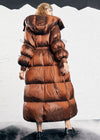 Vivian Seven Women Hooded Drawstring Rommy Pocket Long Down Puffer Coat Brown