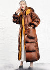 Vivian Seven Women Hooded Drawstring Rommy Pocket Long Down Puffer Coat Brown