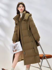 Big Hooded Collar Belted Long Down Puffer Coat