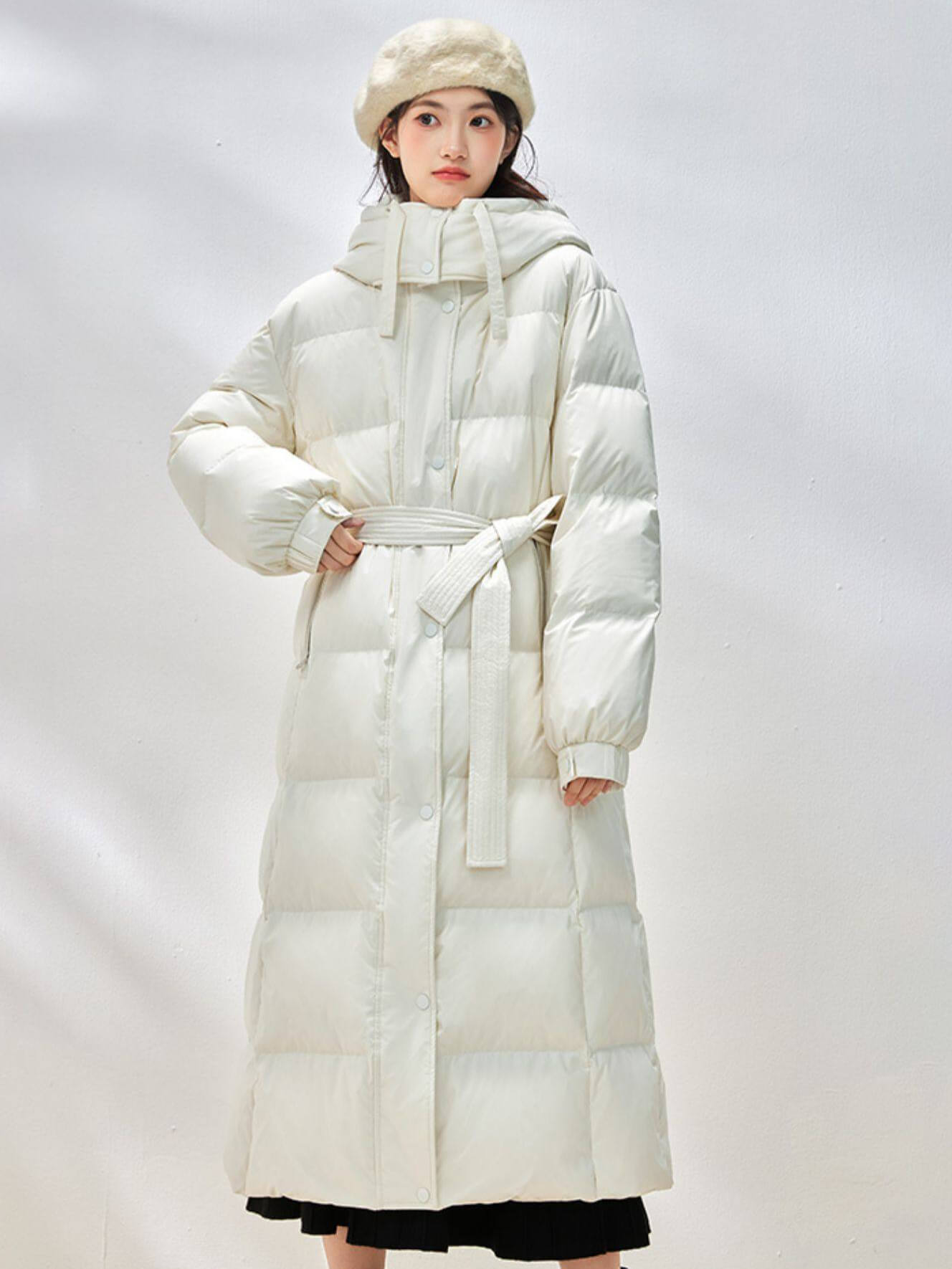Big Hooded Collar Belted Long Down Puffer Coat