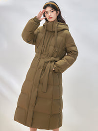 Big Hooded Collar Belted Long Down Puffer Coat