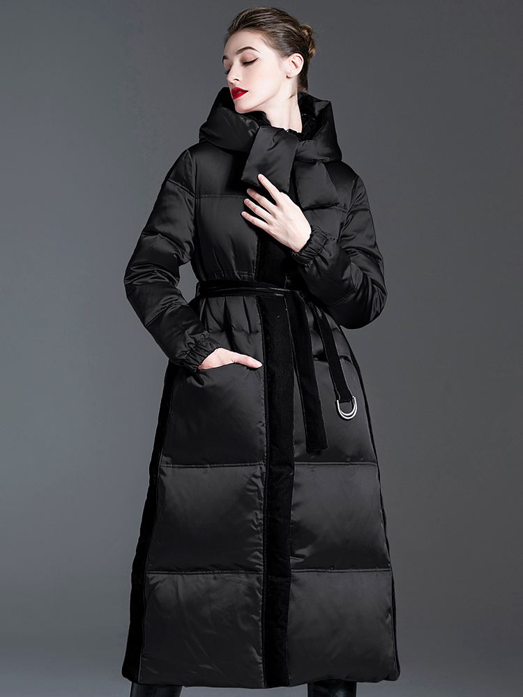 Women's Winter Hooded Patchwork Velvet Long Down Puffer Coat