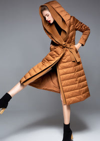 Women's Winter Hooded Patchwork Wool Blend Duck Down Belted Puffer Coat