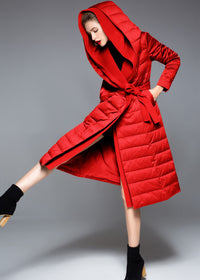 Women's Winter Hooded Patchwork Wool Blend Duck Down Belted Puffer Coat