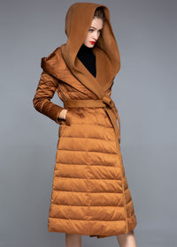 Women's Winter Hooded Patchwork Wool Blend Duck Down Belted Puffer Coat