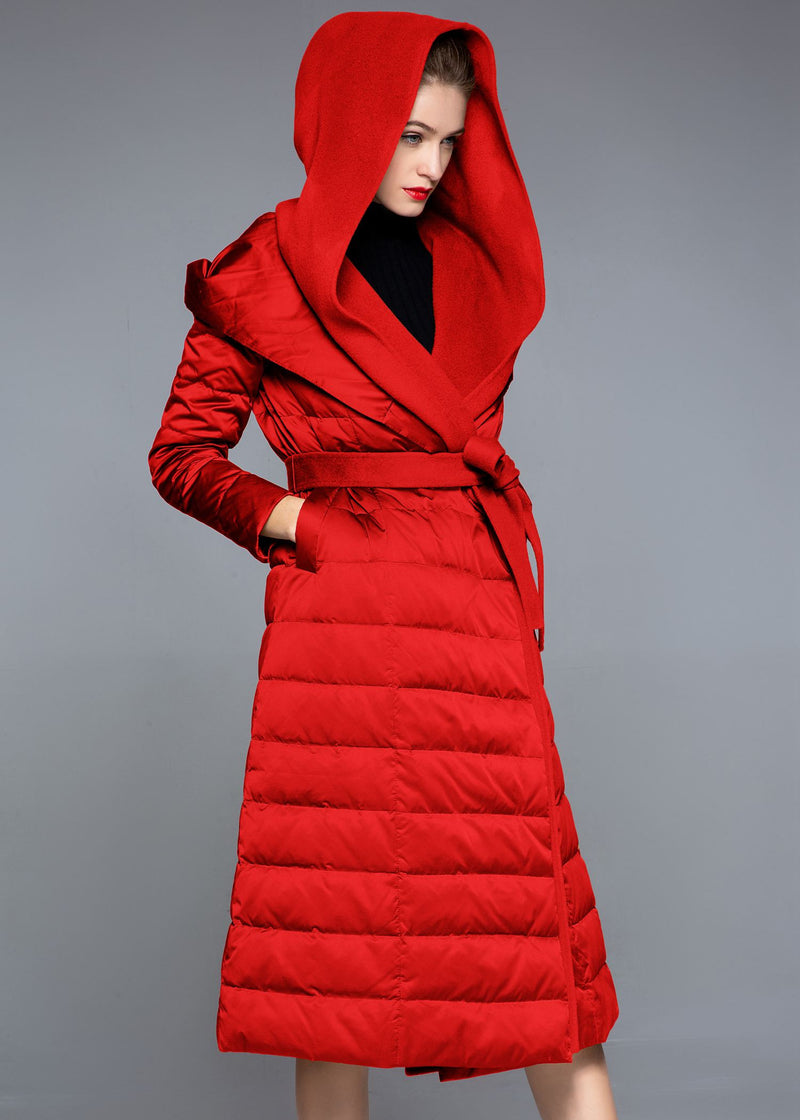 Women's Winter Hooded Patchwork Wool Blend Duck Down Belted Puffer Coat