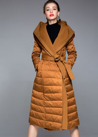 Women's Winter Hooded Patchwork Wool Blend Duck Down Belted Puffer Coat