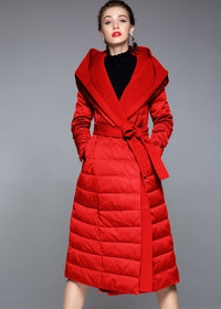 Women's Winter Hooded Patchwork Wool Blend Duck Down Belted Puffer Coat