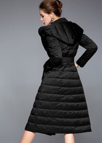 Women's Winter Hooded Patchwork Wool Blend Duck Down Belted Puffer Coat