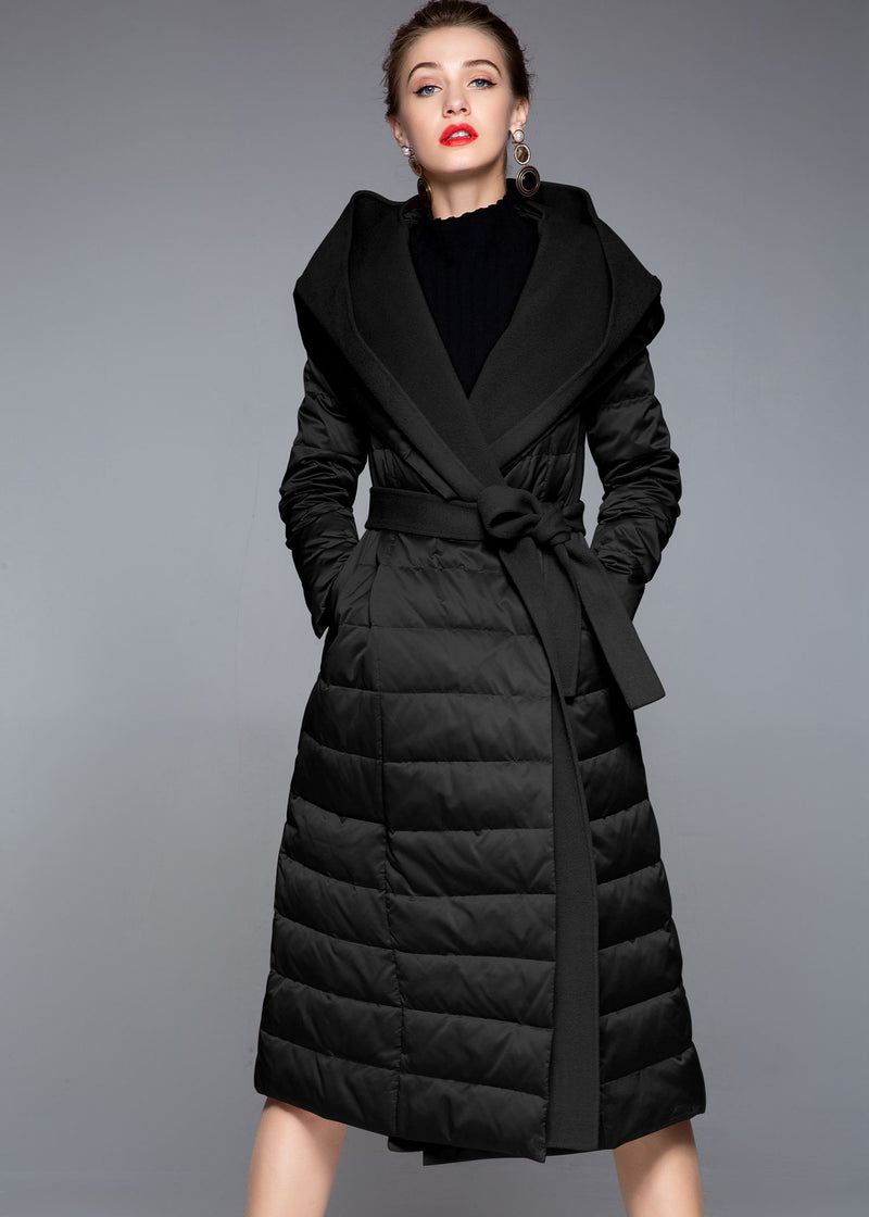 Women's Winter Hooded Patchwork Wool Blend Duck Down Belted Puffer Coat