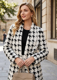 Monochrome Houndstooth Shawl Collar Faux Fur Longline Coat