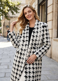 Monochrome Houndstooth Shawl Collar Faux Fur Longline Coat