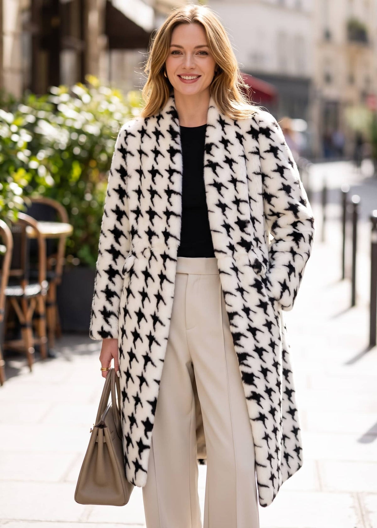 Front outdoor view of a smiling blonde woman wearing an open black and white houndstooth faux fur longline coat styled with wide-leg cream trousers.   