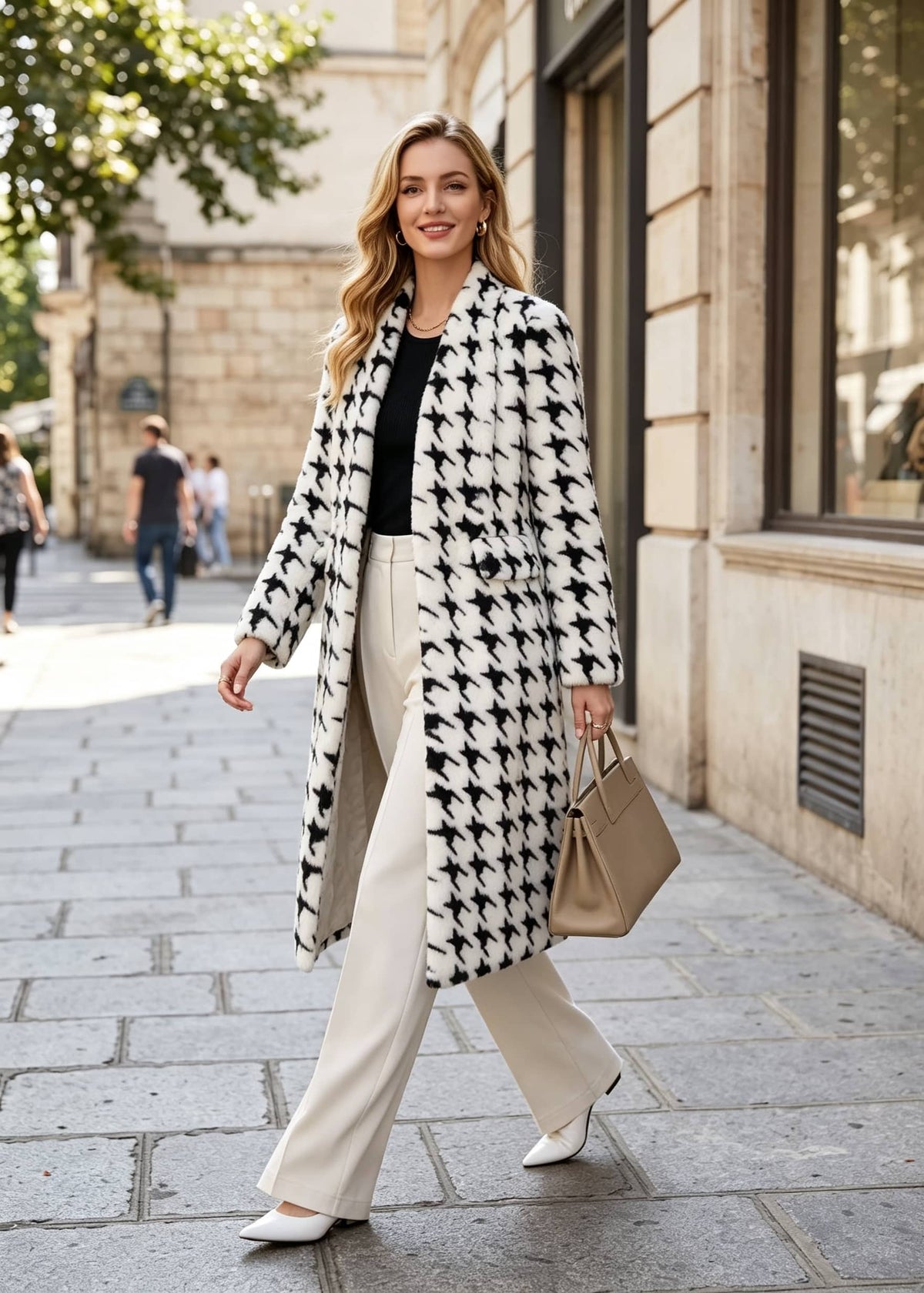 A woman walking on a city sidewalk wearing a long black-and-white houndstooth coat over a black top and cream wide-leg trousers, carrying a beige handbag.