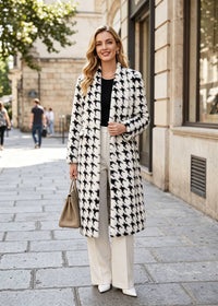 Monochrome Houndstooth Shawl Collar Faux Fur Longline Coat