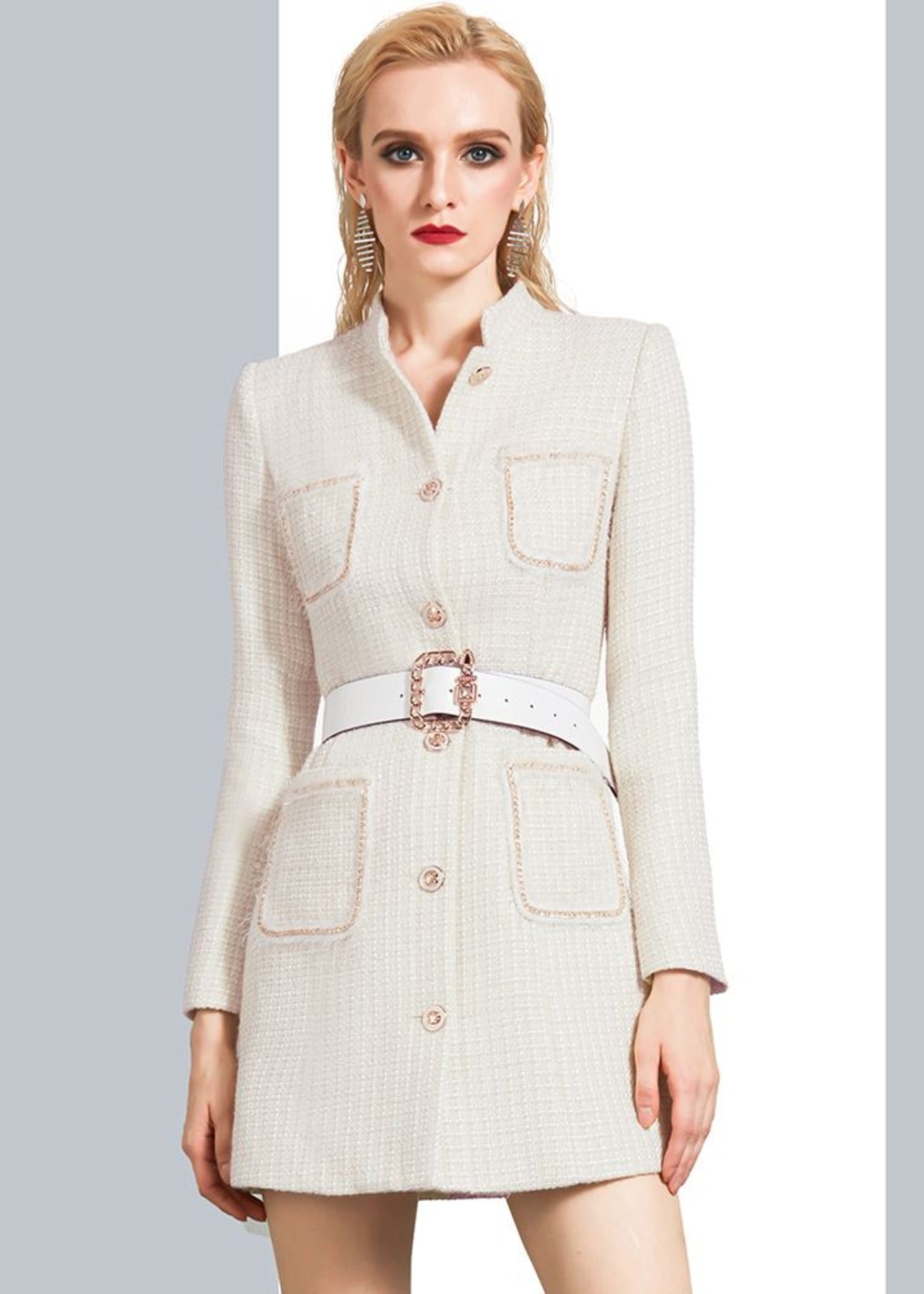 Ivory Stand Collar Belted Tweed Coat – Vivian Seven