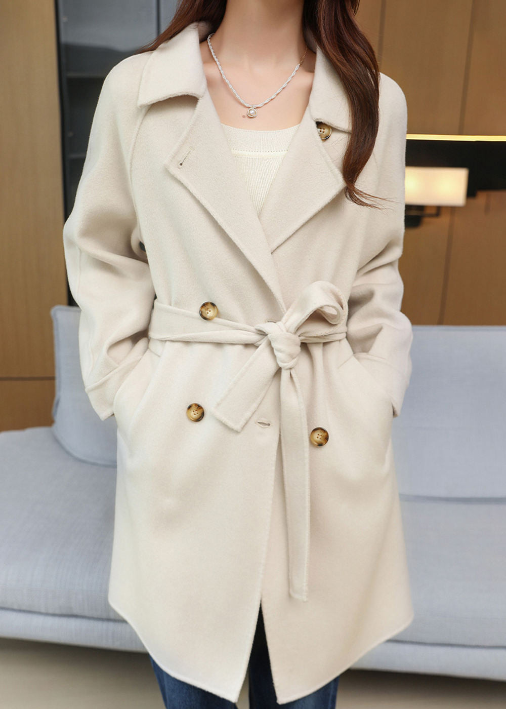 Vivian Seven Women Karen Double Breasted Belted Virgin Wool Coat Ivory White