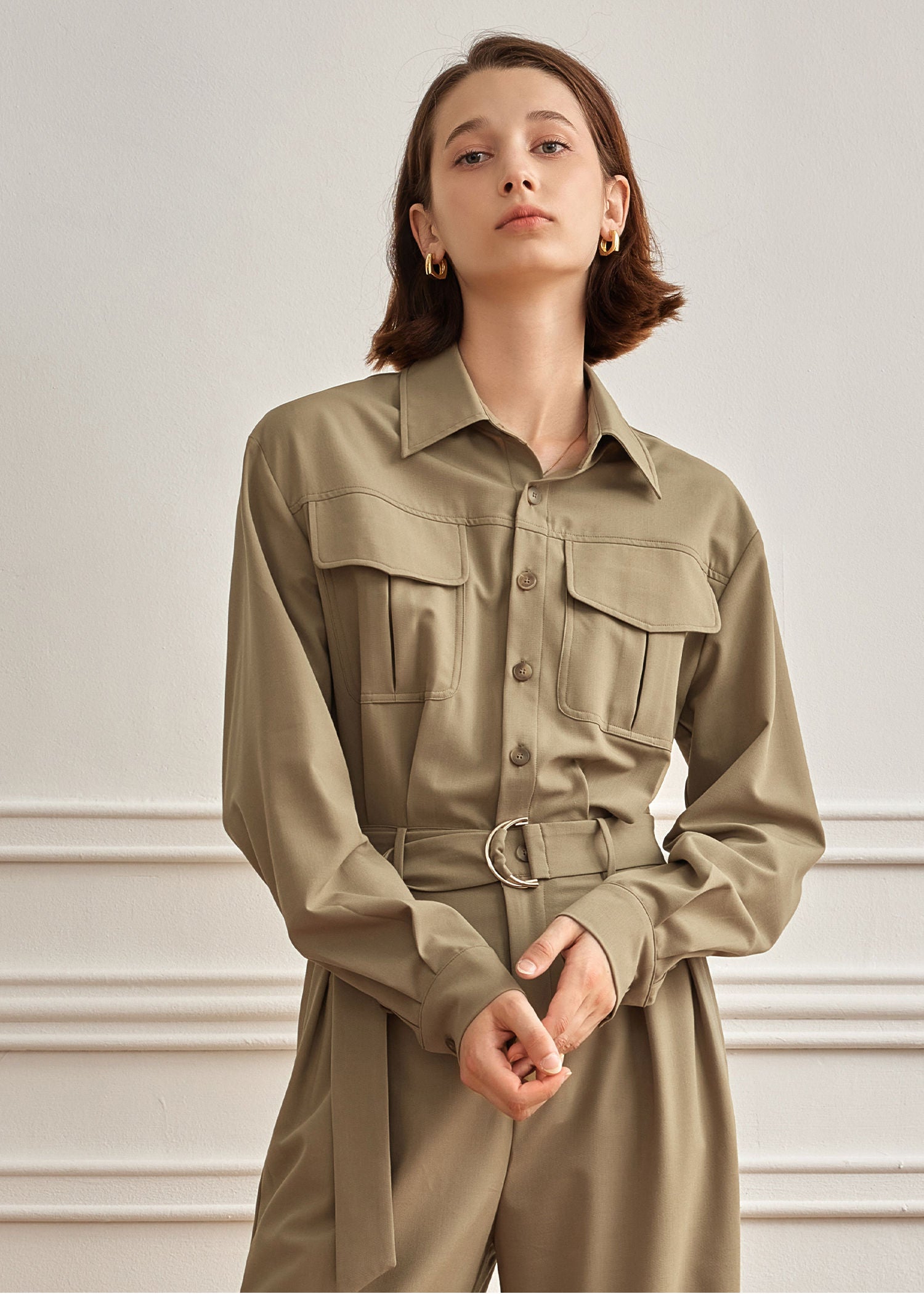 Khaki Utility Pocket Long Sleeve Jumpsuit – Vivian Seven