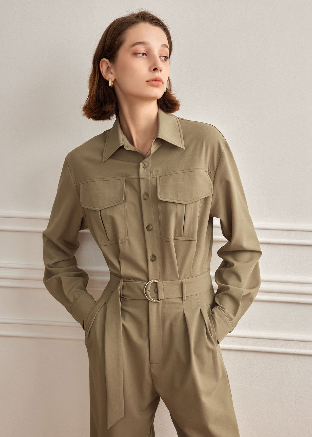 Vivian Seven Women's Khaki Utility Pocket Long Sleeve Jumpsuit