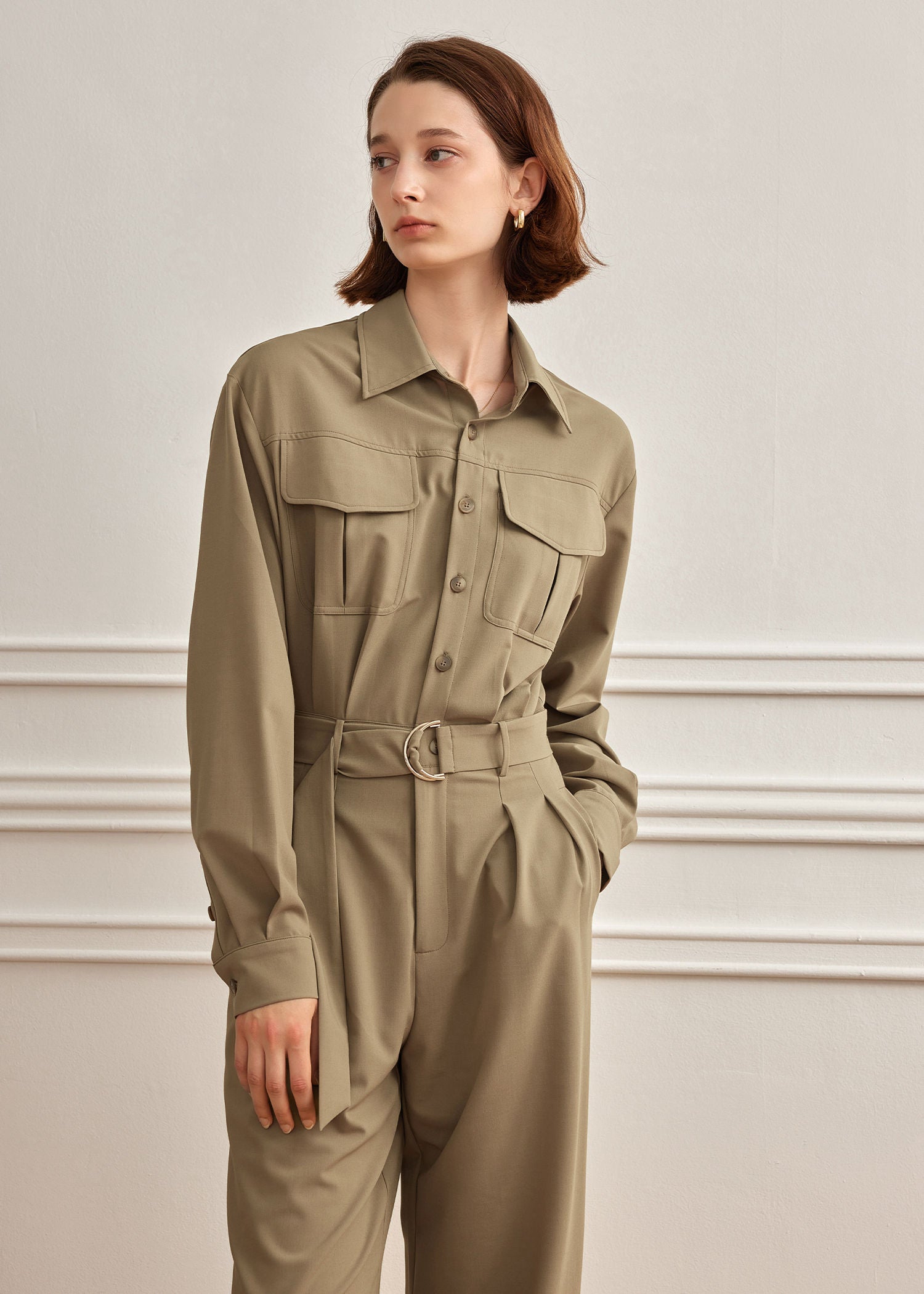 Khaki Utility Pocket Long Sleeve Jumpsuit – Vivian Seven