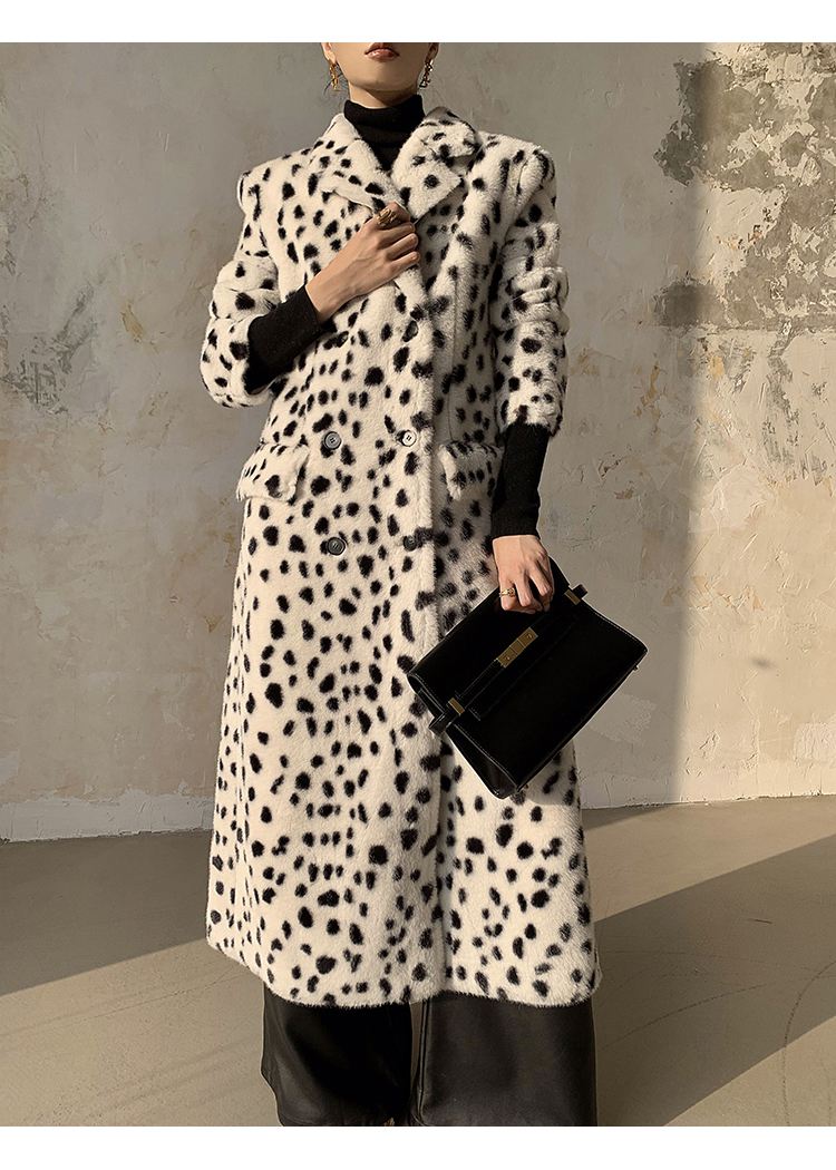 Women's Leopard Double Breasted Faux Fur Fleece Long Coat