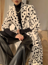 Women's Leopard Double Breasted Faux Fur Fleece Long Coat