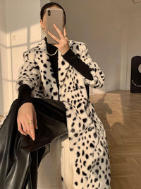 Women's Leopard Double Breasted Faux Fur Fleece Long Coat