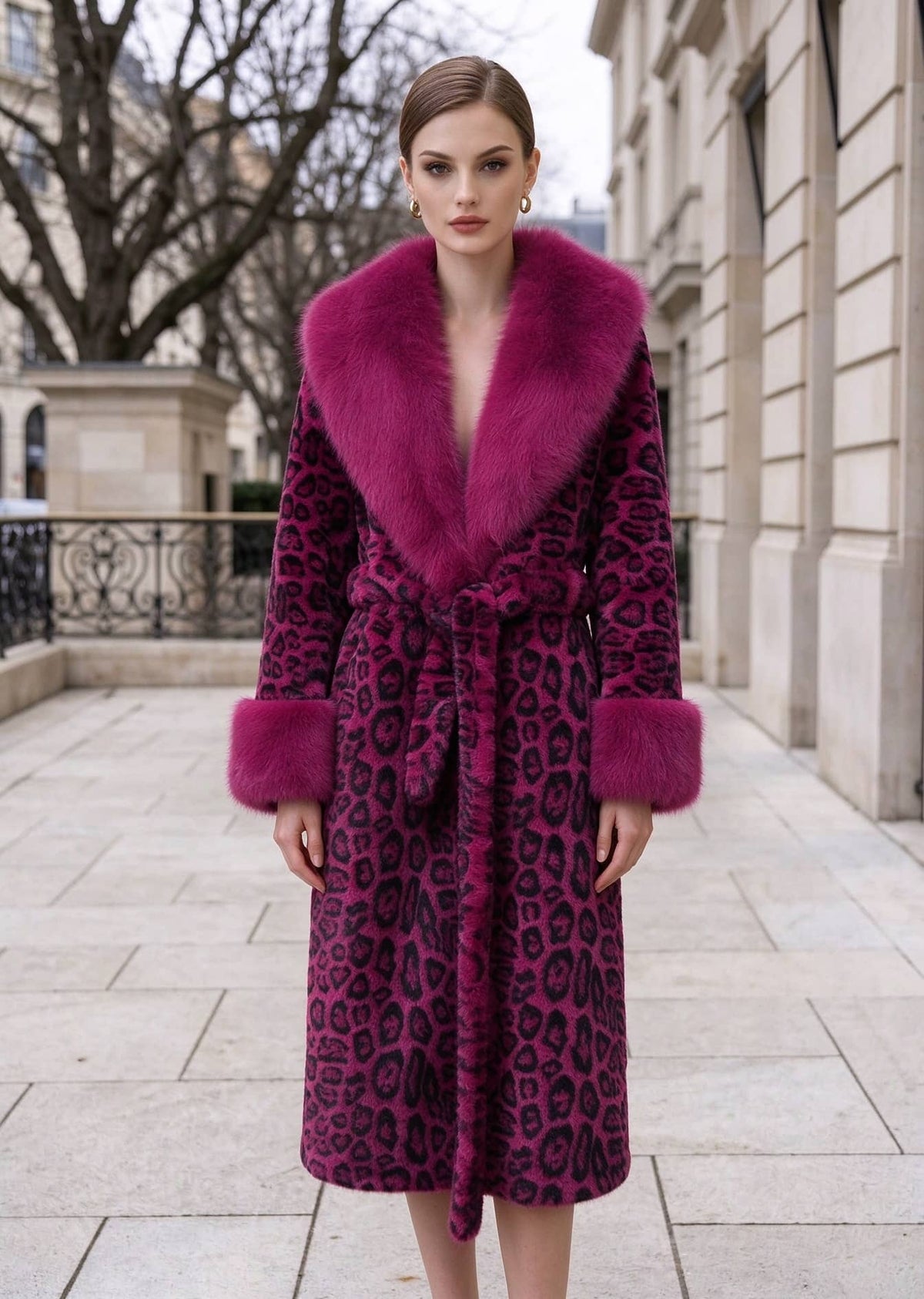 Woman wearing magenta pink leopard print belted long faux fur coat with matching plush collar and cuffs