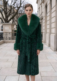 Full length view of woman wearing emerald green leopard print belted long faux fur coat with plush collar