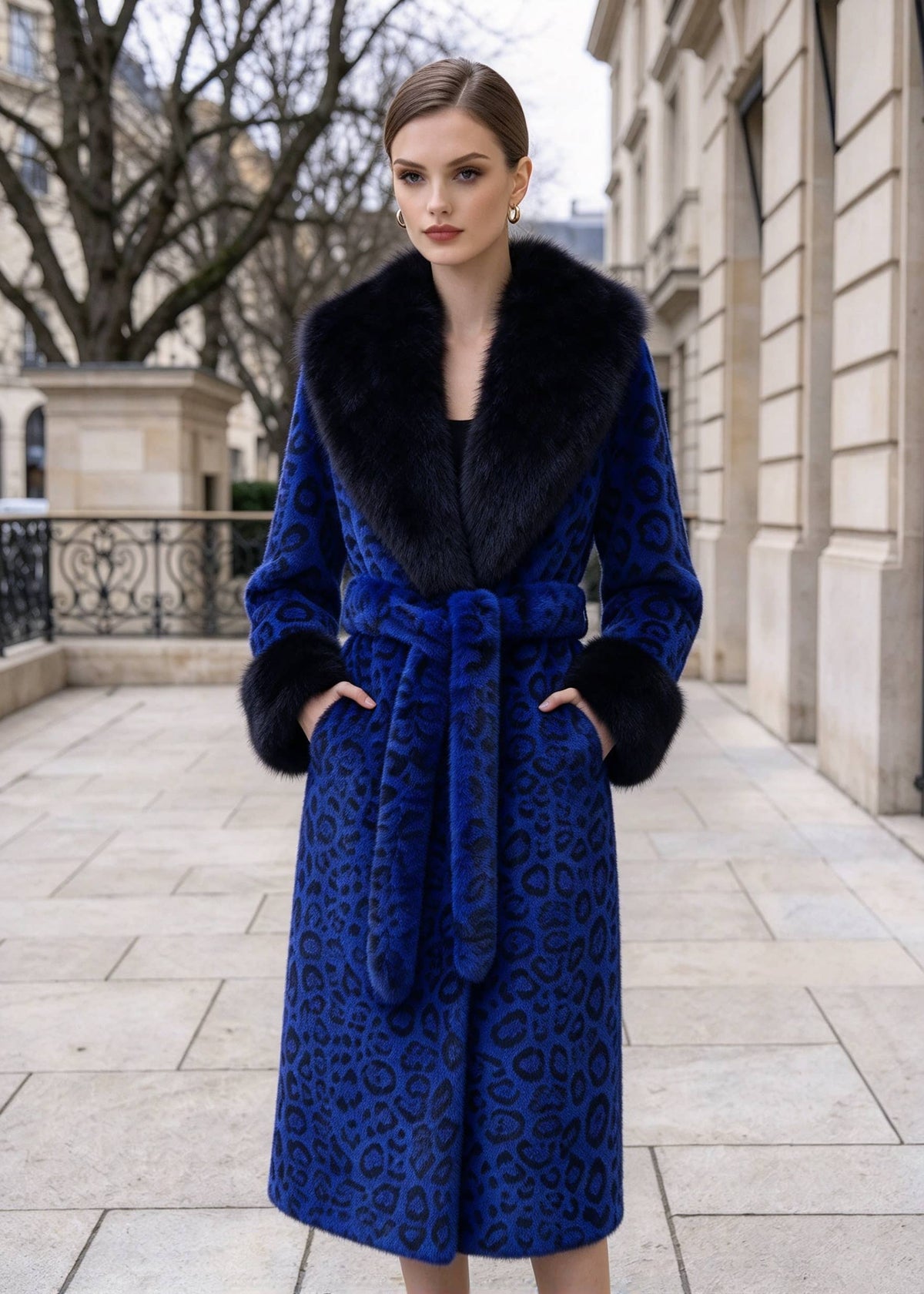 Woman with hands in pockets wearing royal blue leopard print belted long faux fur coat with black plush collar