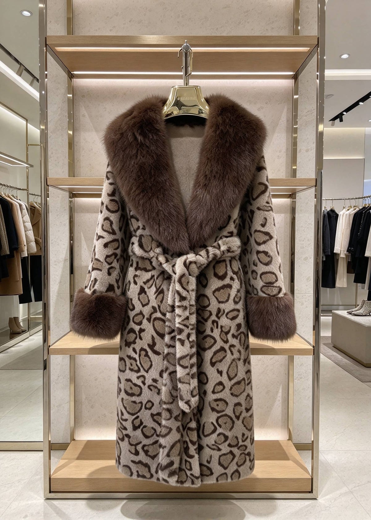 Classic brown leopard print long faux fur coat with plush collar hanging on display rack