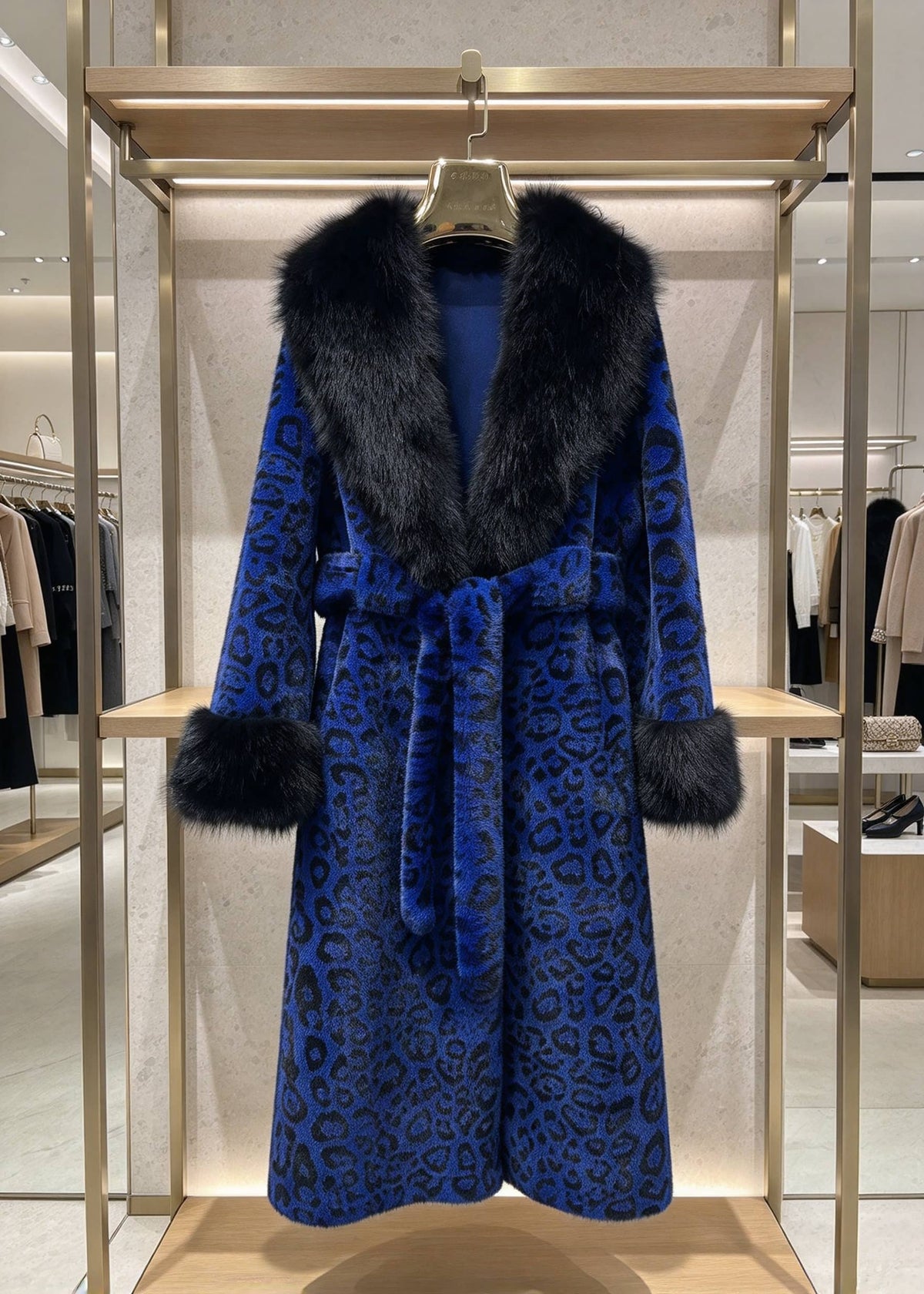 Royal blue leopard print belted long faux fur coat with black plush collar hanging on display