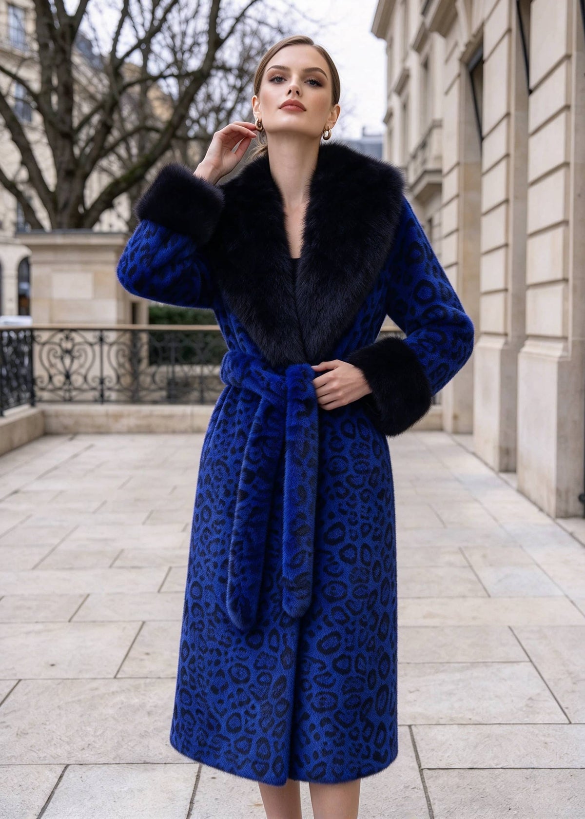 Front view of woman wearing royal blue leopard print long faux fur coat with black collar and tie belt