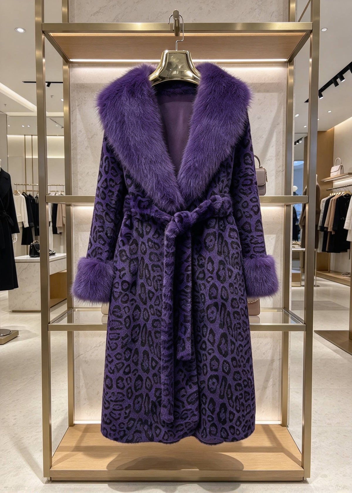 Deep purple leopard print belted long faux fur coat with matching plush fur collar on store hanger