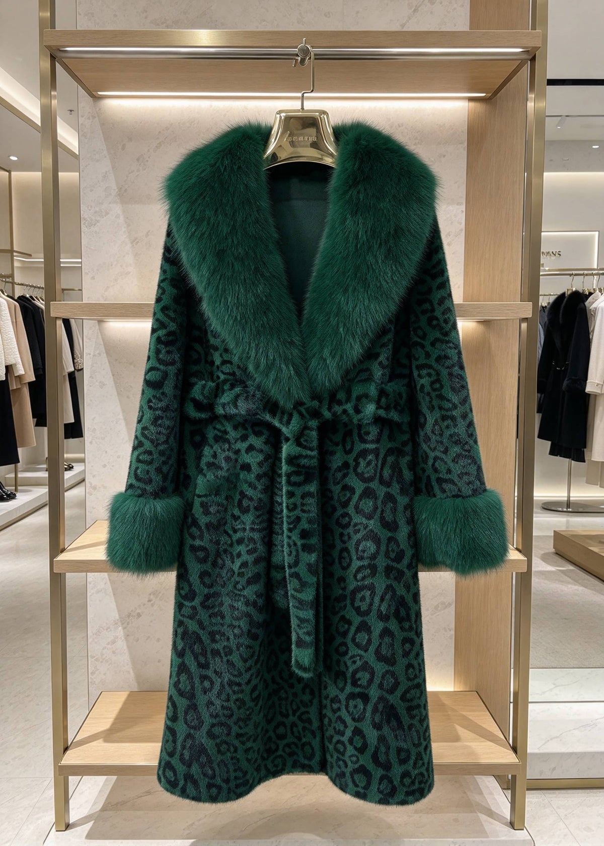 Emerald green leopard print belted long faux fur coat with matching plush collar hanging on rack