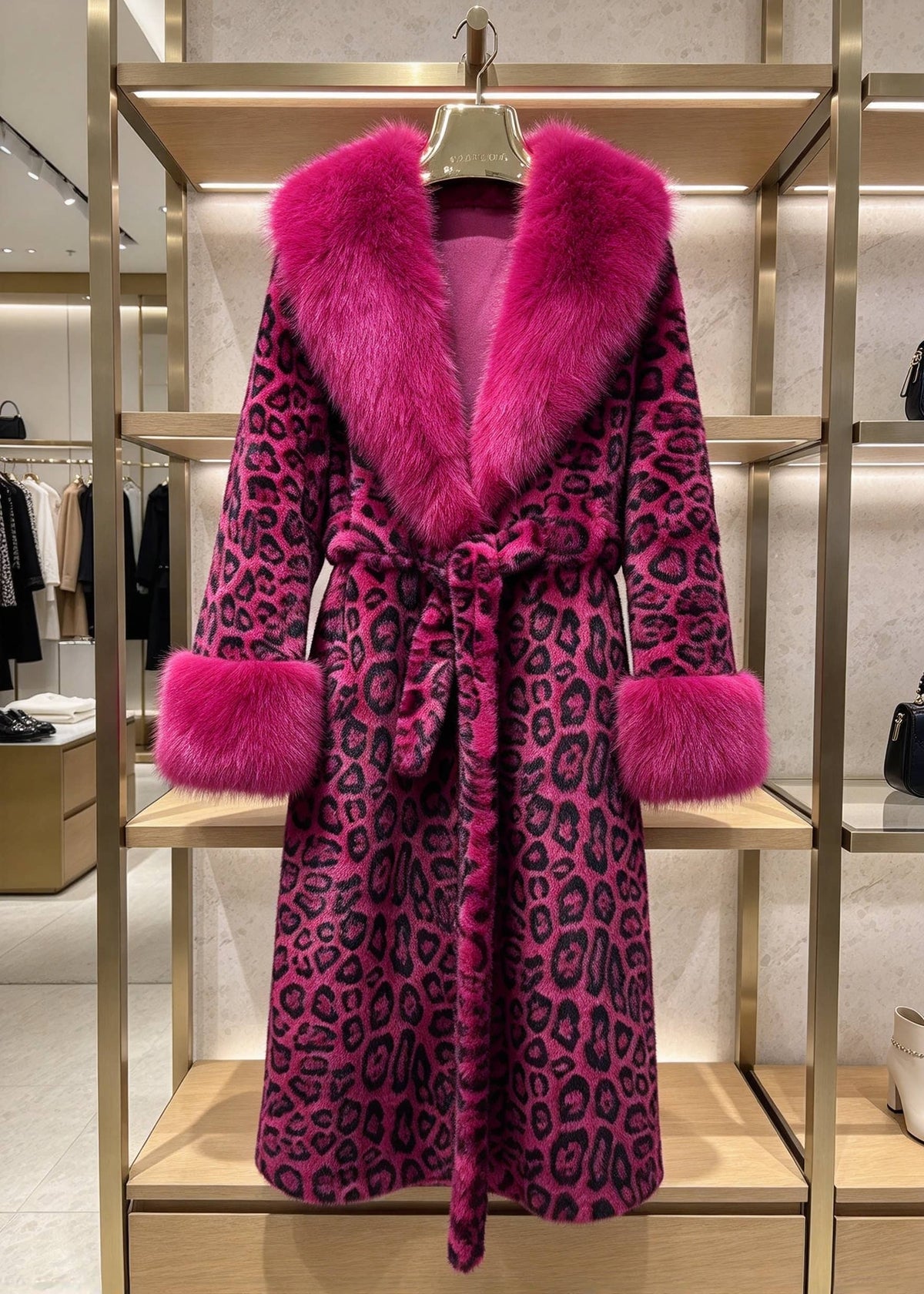 Bright magenta pink leopard print long faux fur coat with plush lapel collar on clothing rack