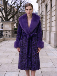 Full length view of woman wearing purple leopard print belted long faux fur coat outdoors