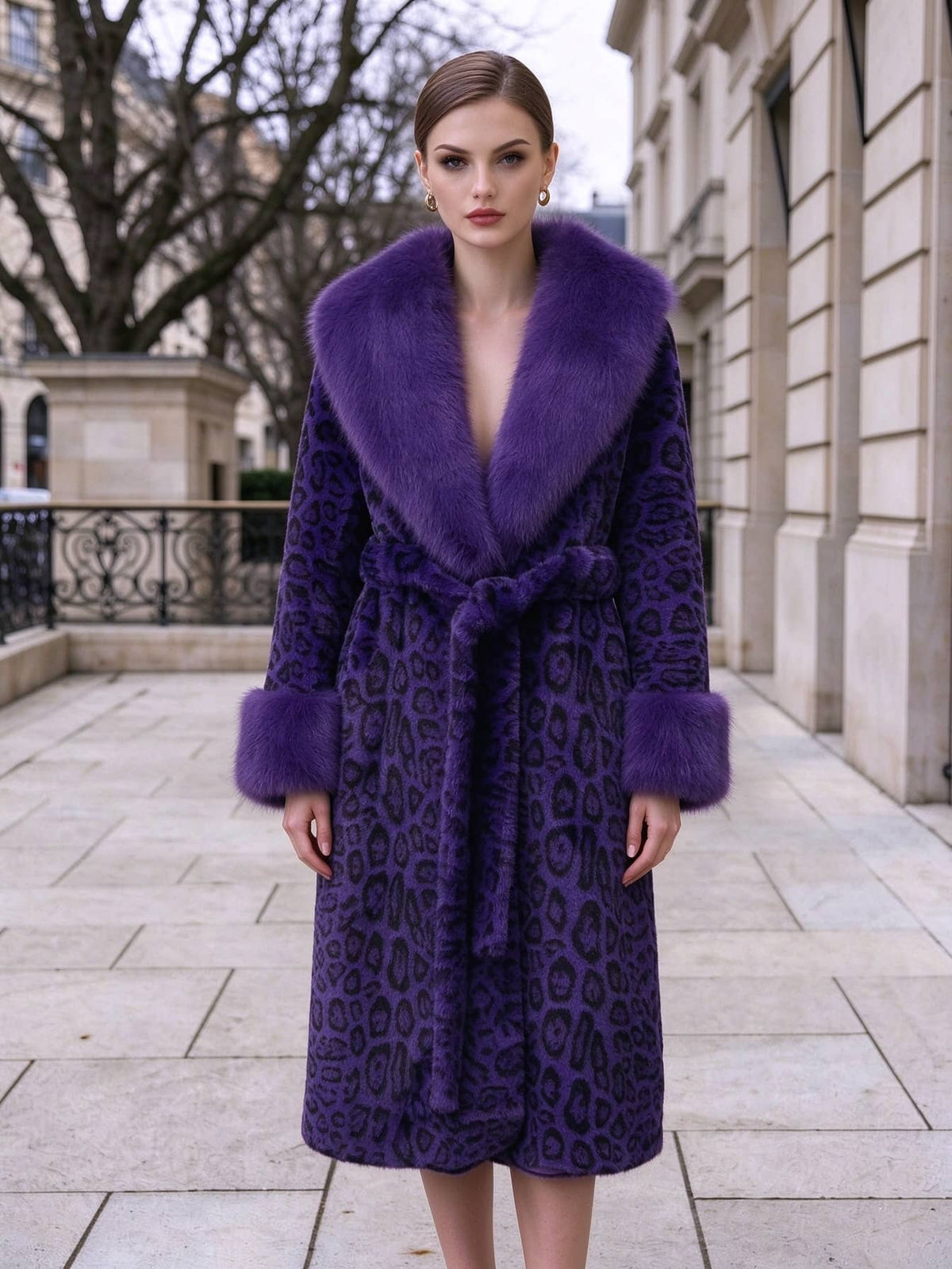 Full length view of woman wearing purple leopard print belted long faux fur coat outdoors