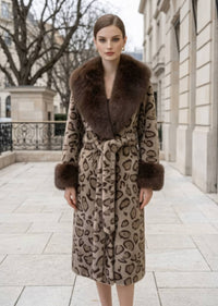 Full length view of woman wearing brown leopard print belted long faux fur coat with dark brown collar