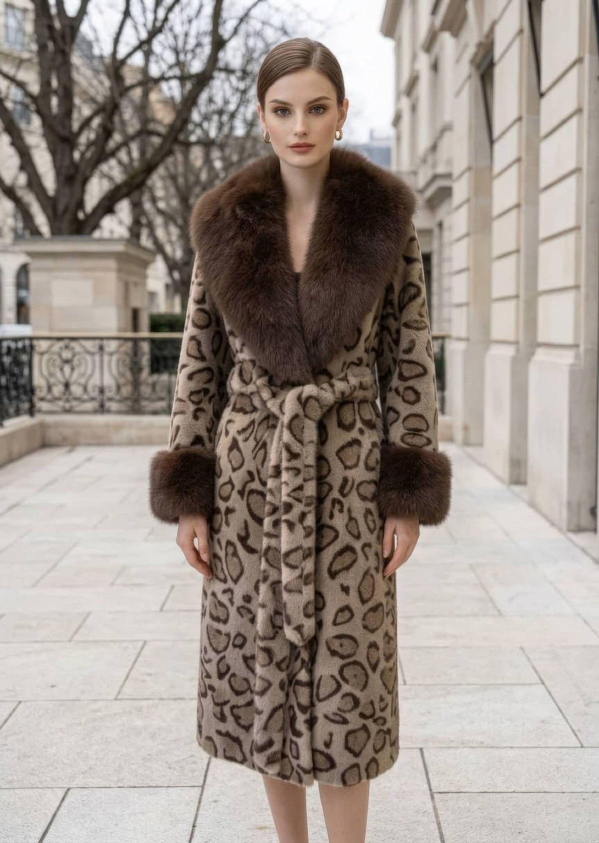 Full length view of woman wearing brown leopard print belted long faux fur coat with dark brown collar