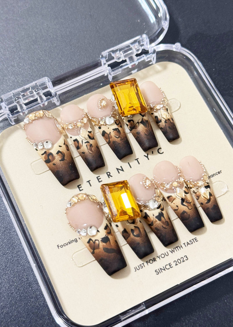 Leopard Rhinestone Coffin Press-on Nails