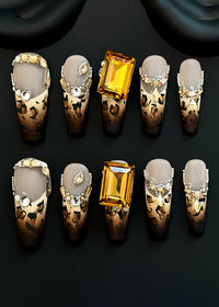 Leopard Rhinestone Coffin Press-on Nails