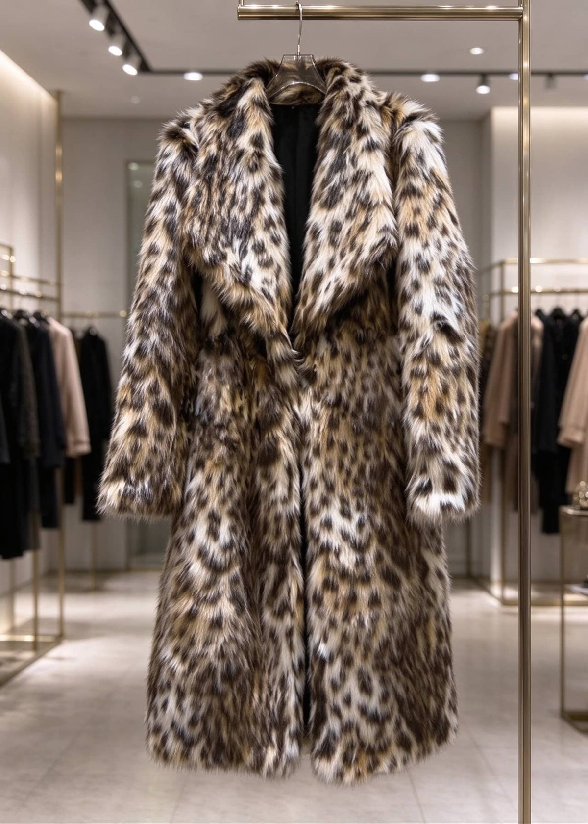 Luxury boutique display of the women's leopard print spread lapel faux fur midi coat hanging on a sleek metallic showroom rack.   
