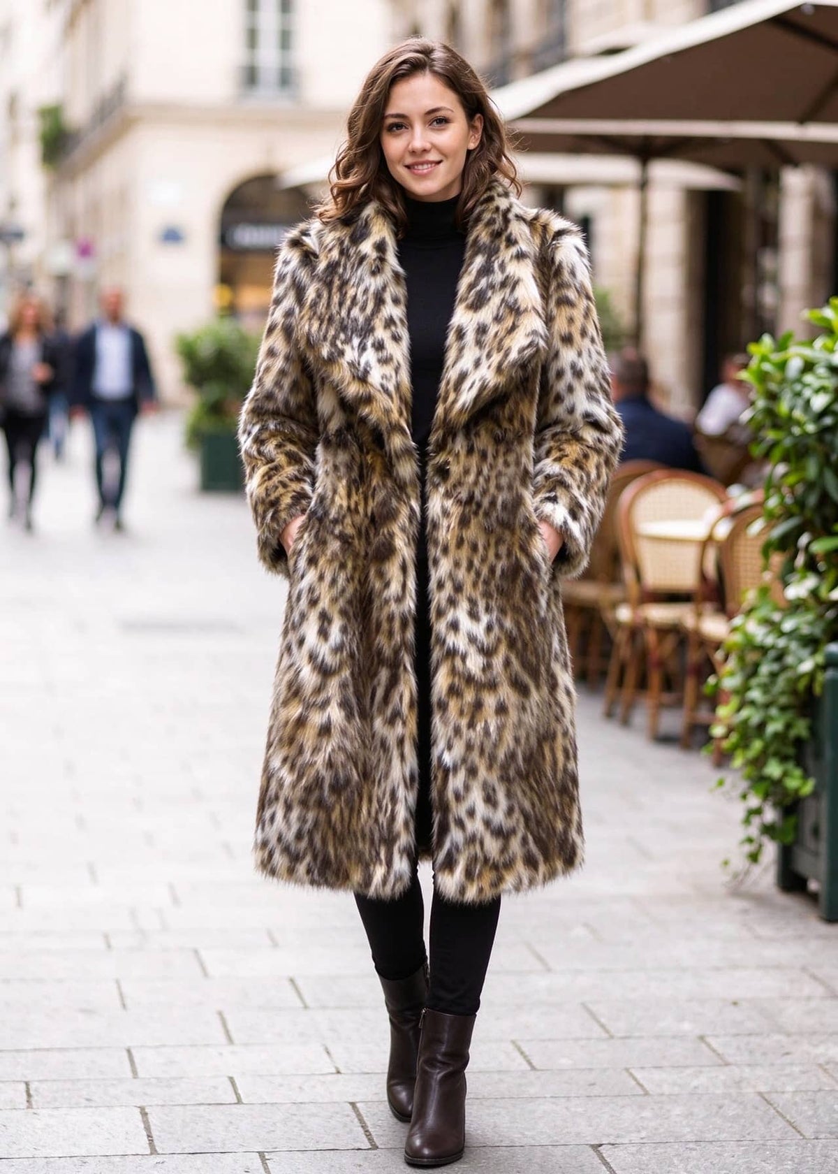 Full-length front walking shot of a woman modeling a leopard print spread lapel faux fur midi coat with black leather boots.  