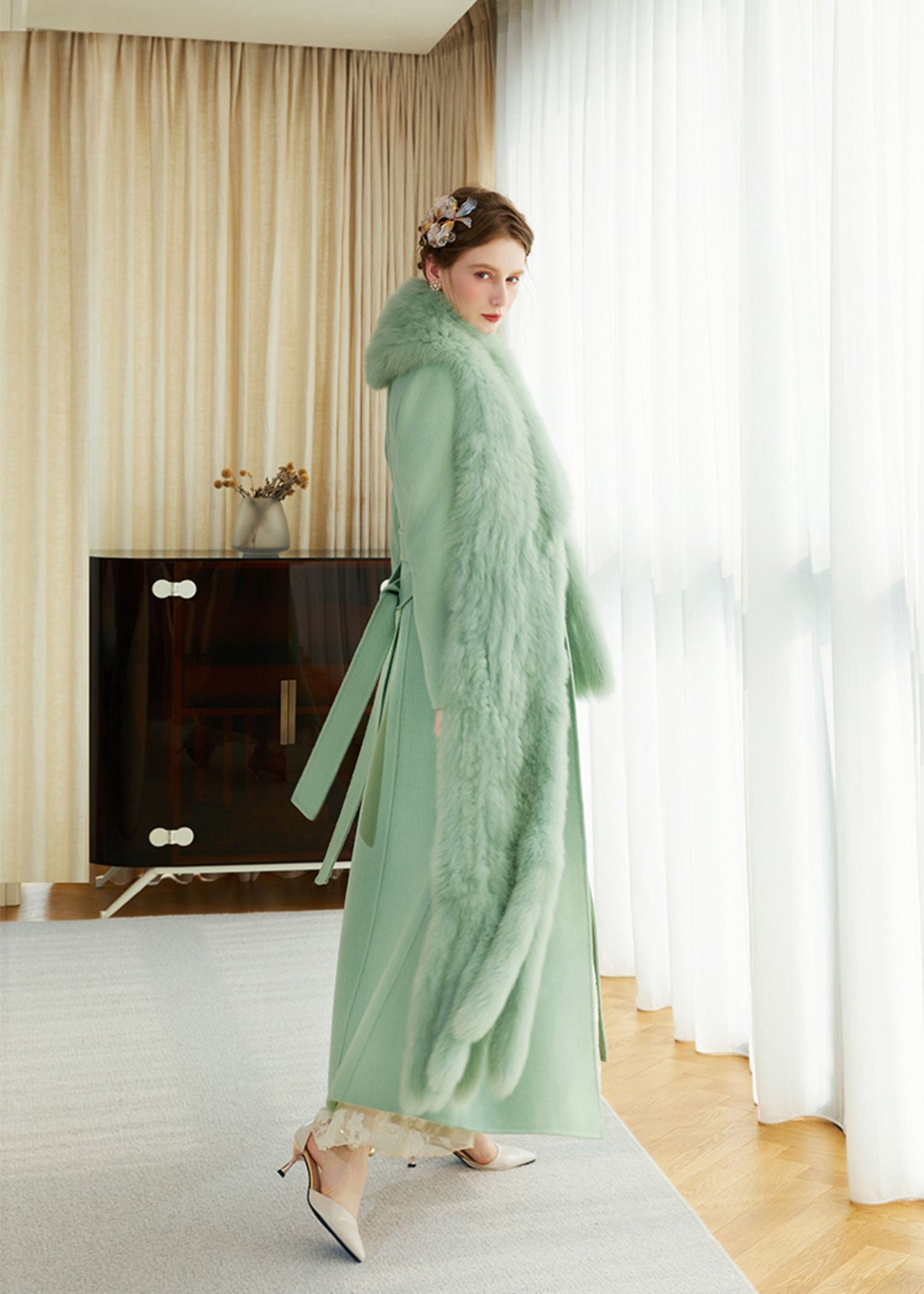 Light Green Fox Fur Scarf Wool Cashmere Belted Long Coat – Vivian