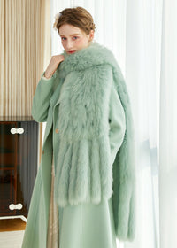 Women's Winter Light Green Fox Fur Scarf Wool Cashmere Belted Long Coat