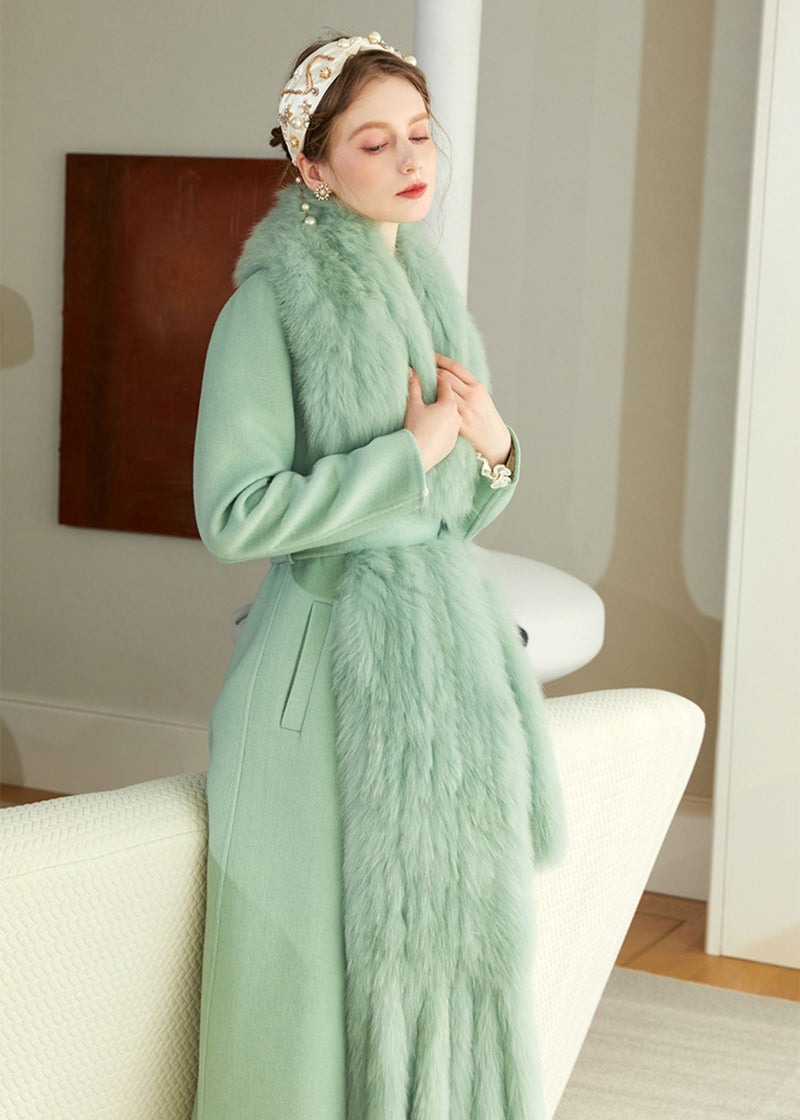 Women's Winter Light Green Fox Fur Scarf Wool Cashmere Belted Long Coat