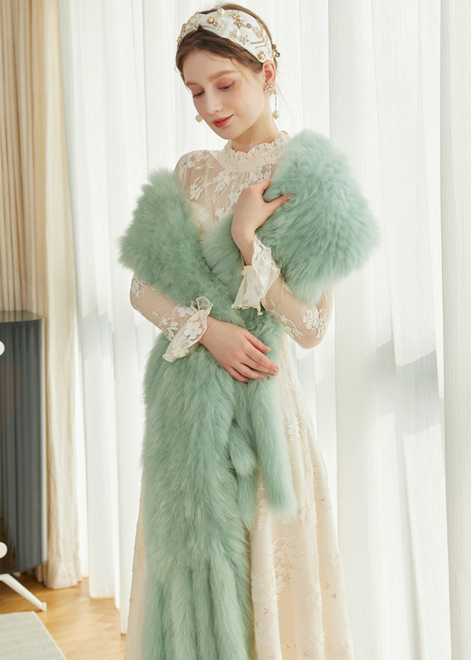 Light Green Fox Fur Scarf Wool Cashmere Belted Long Coat Vivian Seven Light Green Fox Fur Scarf Wool Cashmere Belted Long Coat Vivian Seven